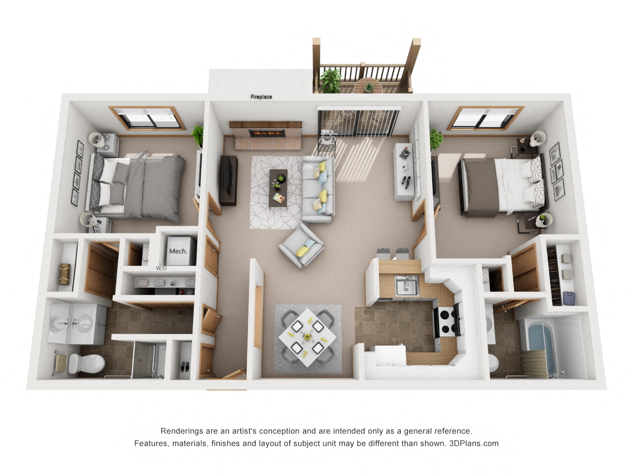 Floor plan for 2 beds, 2 baths, 987 sqft